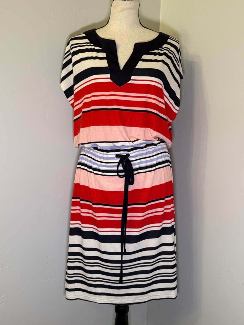 Charlie Paige NWT Striped Dress S/M Red Blue White Casual Summer Elastic Waist